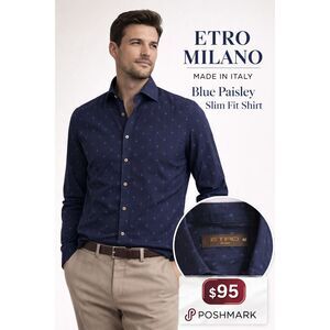 Etro Milano Blue Paisley Slim Fit Shirt Made in Italy Size 42 (M)